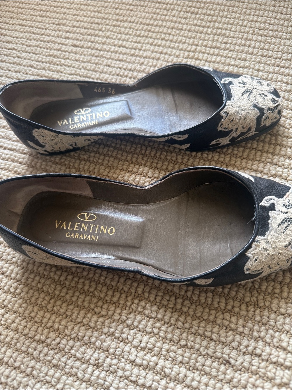 Valentino Garavani Black Flats with Cream Floral Lace Applique